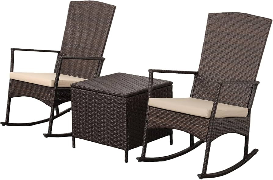 Mecedora de mimbre de polietileno para exteriores, juego de 3 piezas, 2 sillones mecedores, mesa ... | Amazon (US)