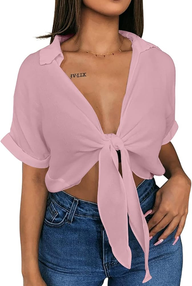 GOBLES Womens Summer Short Sleeve Shirts V Neck Tie Knot Batwing Blouses Tops | Amazon (US)