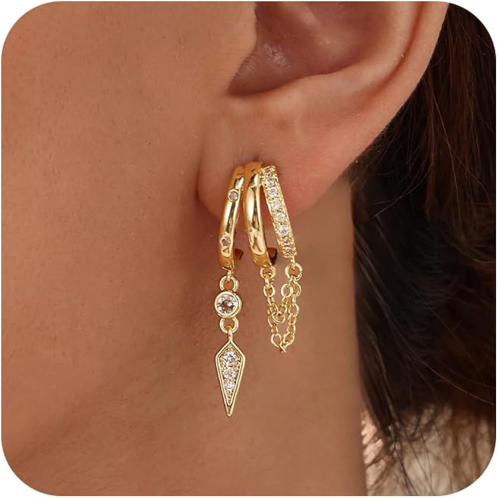 Robaice Dangle Earrings for Women,14k Gold Plated Triple Huggie Stud Earrings Dainty Drop Earrings for Women Trendy Gold Statement CZ Chain Earrings Non Tarnish Jewelry | Amazon (US)