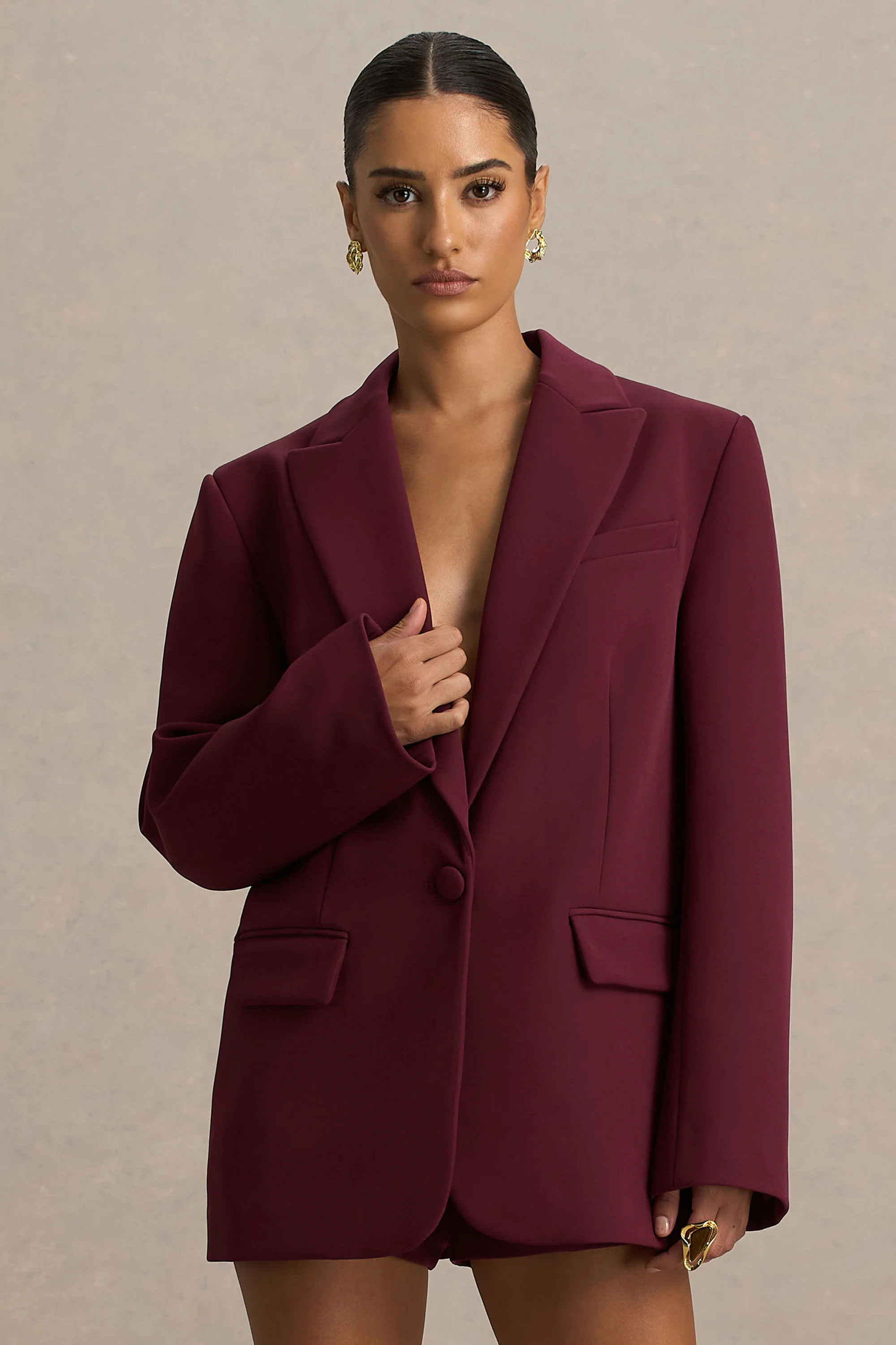 Katherine  Burgundy Plunge-Neck Tailored Blazer | Club L London