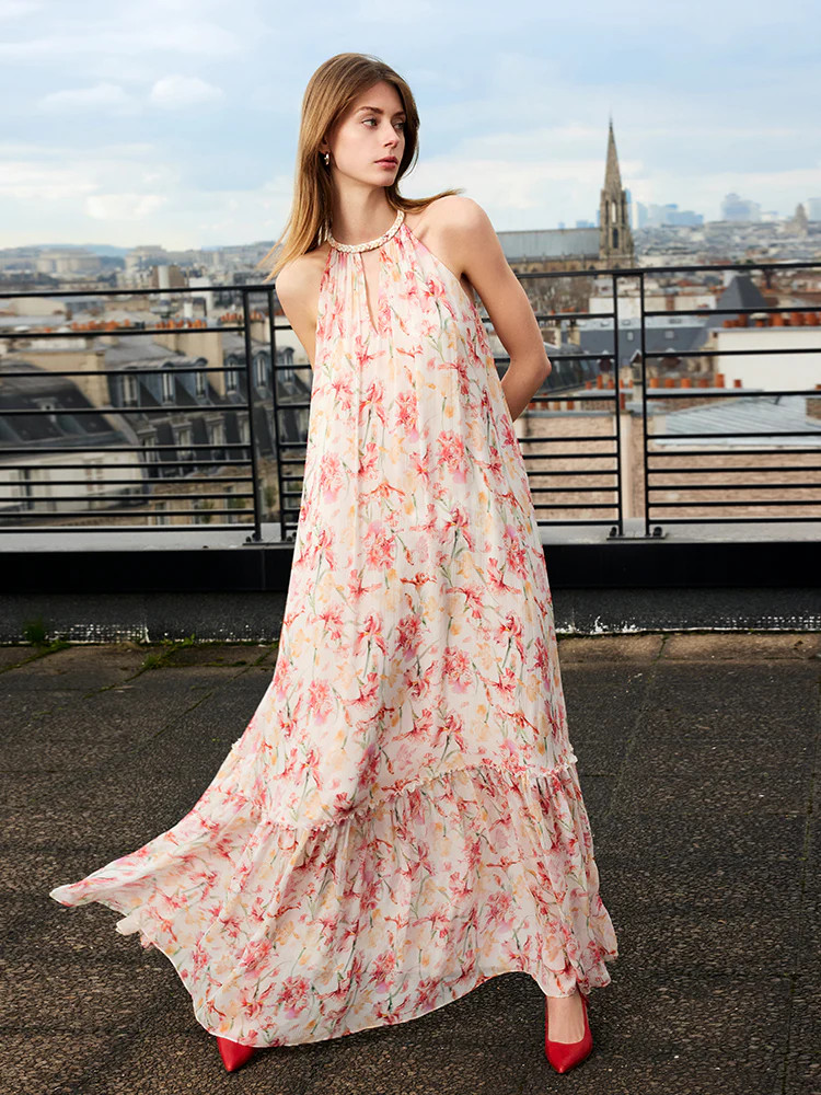10 Momme Mulberry Silk Iris Printed Halter Ruffle Women Maxi Dress | GOELIA
