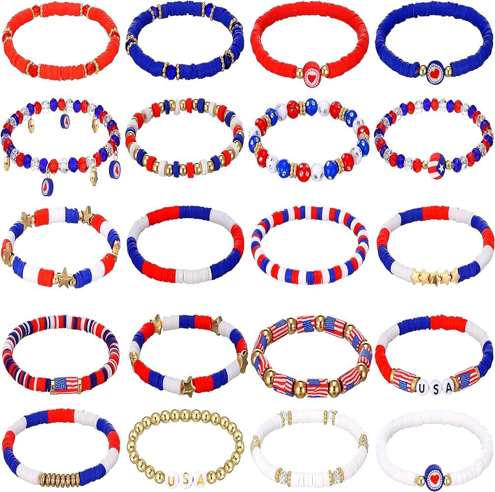 Henoyso 20 Pcs Patriotic Heishi Surfer Bracelets for Women Girls, 4th of July American Flag USA S... | Amazon (US)