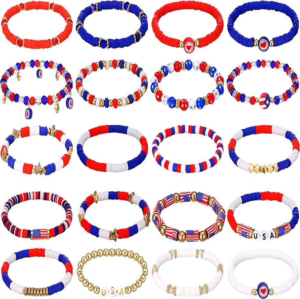 Henoyso 20 Pcs Patriotic Heishi Surfer Bracelets for Women Girls, 4th of July American Flag USA S... | Amazon (US)