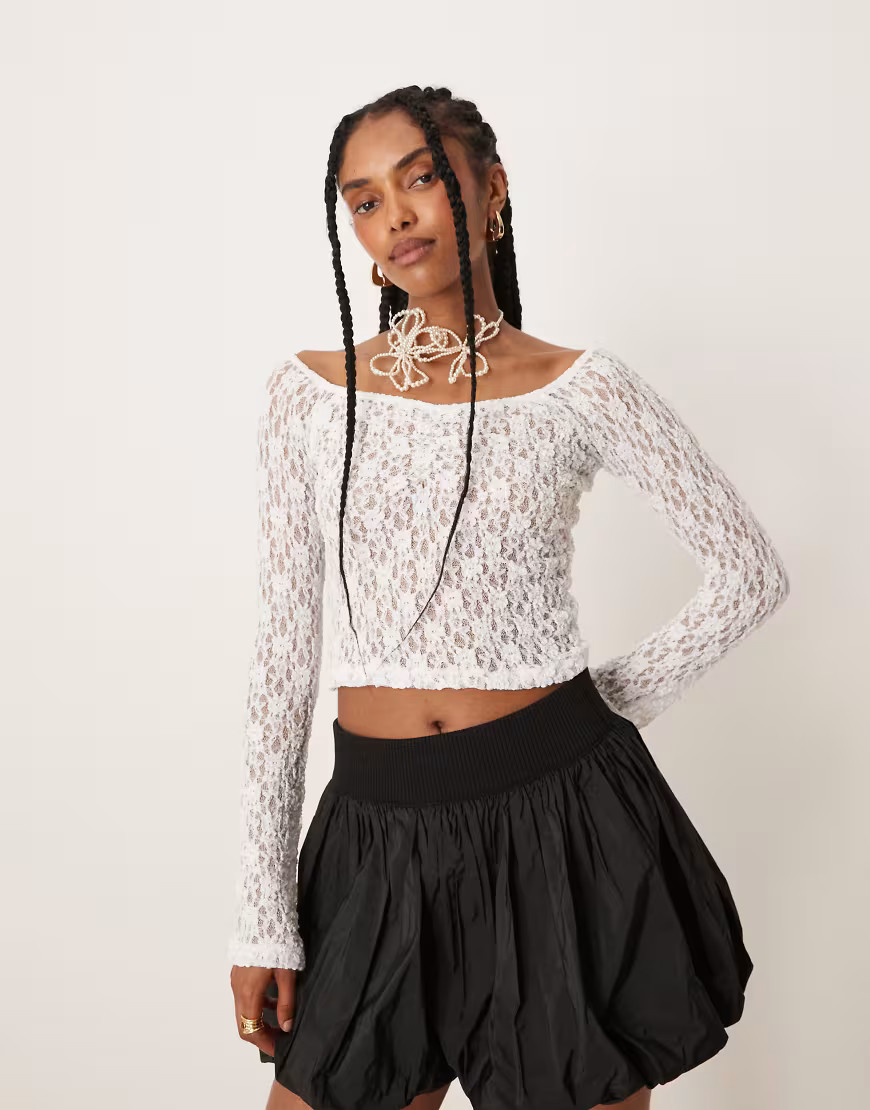 ASOS DESIGN lace off shoulder top in cream-White | ASOS (Global)