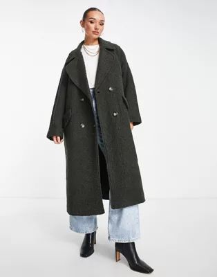 ASOS DESIGN double breasted boucle wool mix coat in khaki | ASOS (Global)