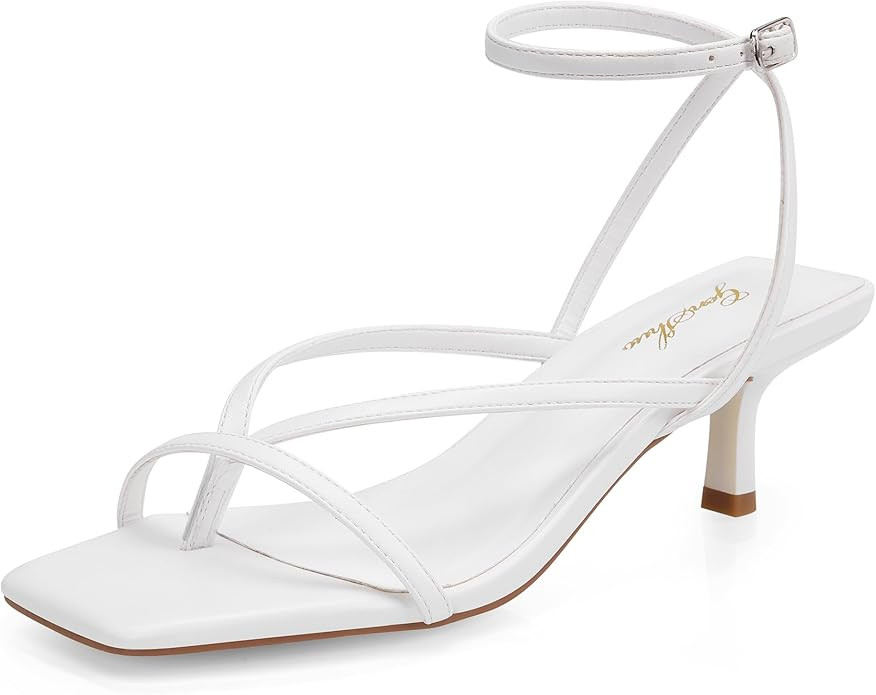 GENSHUO Women’s Strappy Kitten Heels Open Square Toe Low Heel Sandals, Thong Ankle Strap Dress ... | Amazon (US)