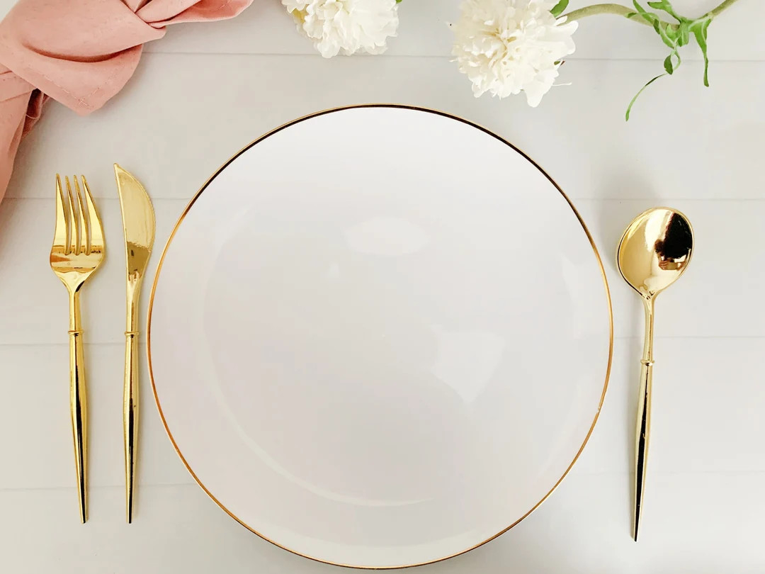 White With Gold Dinner Plates Plastic - Etsy | Etsy (US)