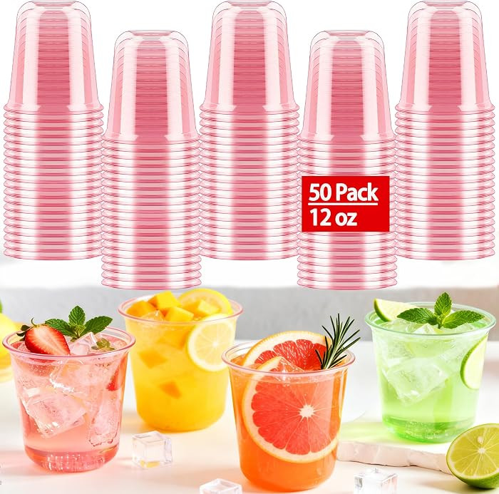 50 Pcs Pink Plastic Cups Disposable - 12 oz Stemless Wine Glasses Pink Party Cups Cocktail Clear ... | Amazon (US)