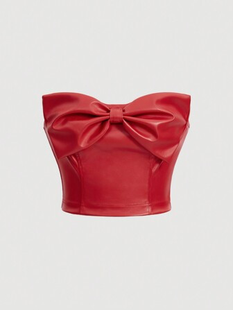 SHEIN MOD Bowknot Decorated Pu Leather Strapless Top | SHEIN