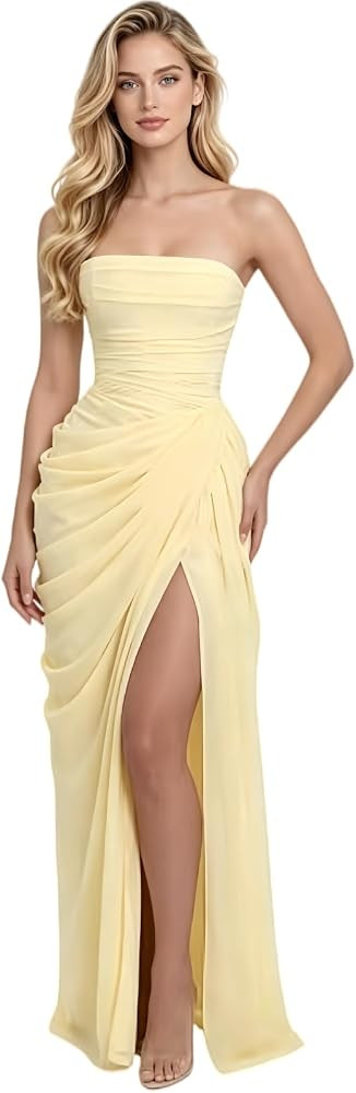 Women\u2019s Strapless Mermaid Chiffon Bridesmaid Dress, Stretch Corset Empire Waist Gown with Sl... | Amazon (US)