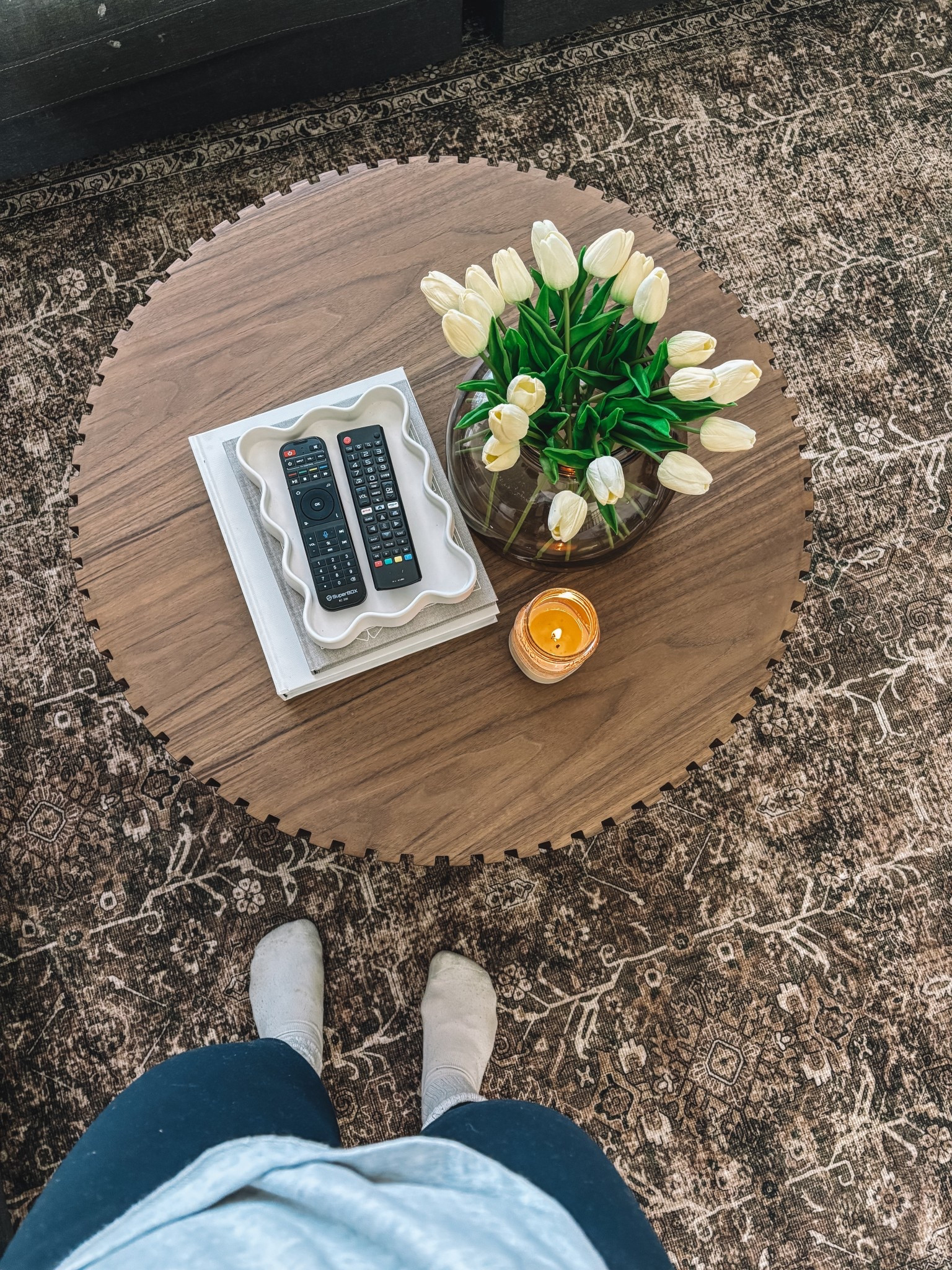 Amazon rug and round coffee table  
