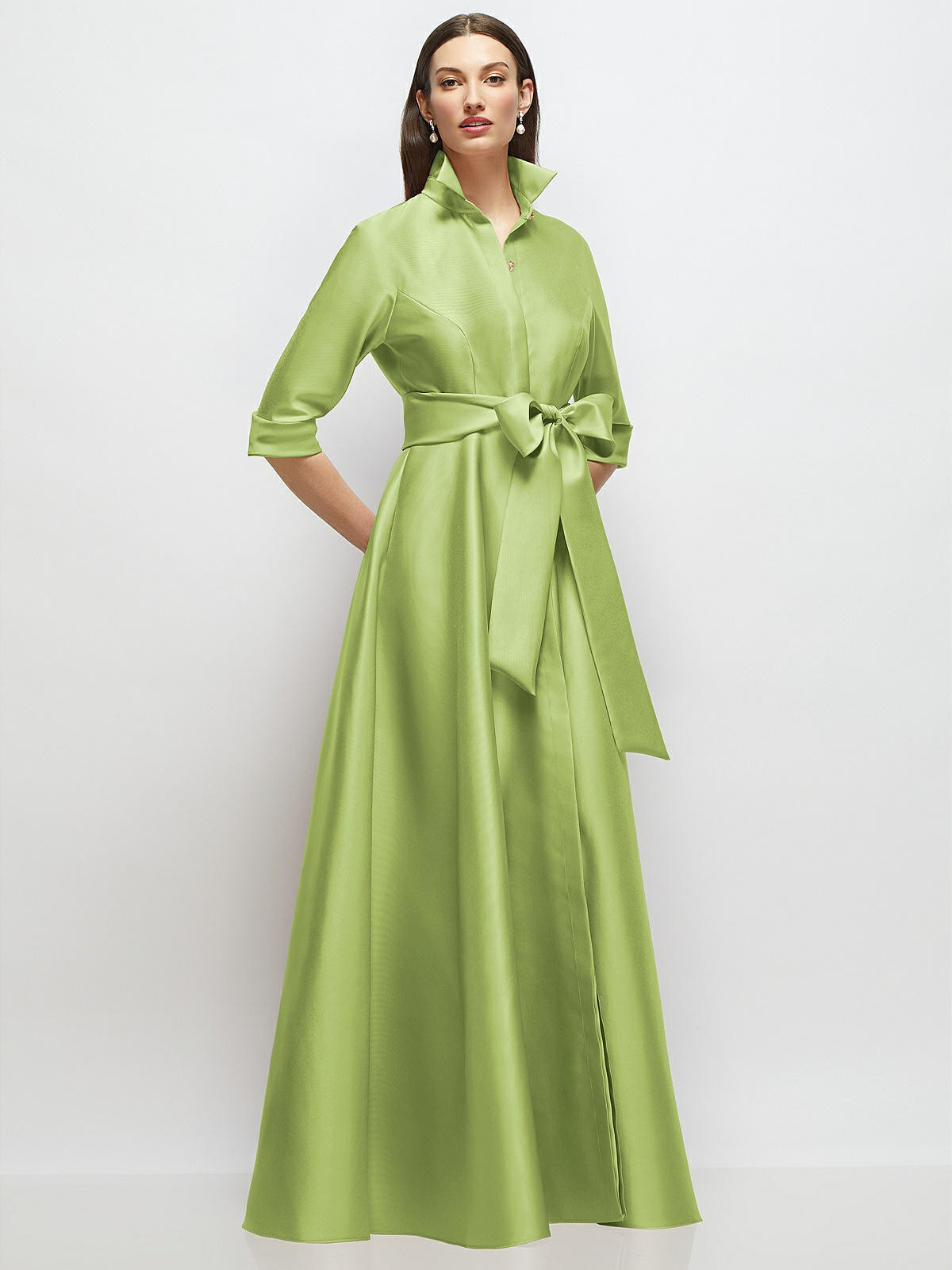 3/4 Sleeve Satin Shirt Dress Gown with Sash and Jeweled Buttons in Mojito | Dessy Group