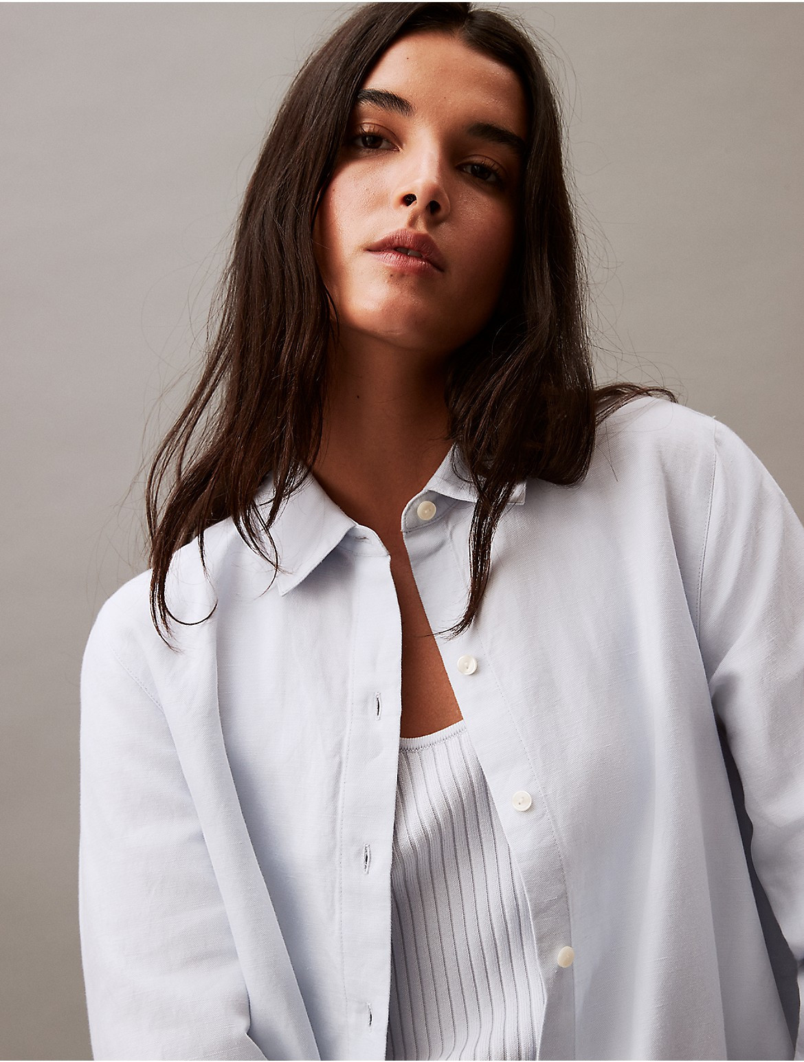 Calvin Klein Women's Linen Blend Classic Button-Down Shirt - Blue - L | Calvin Klein (US)