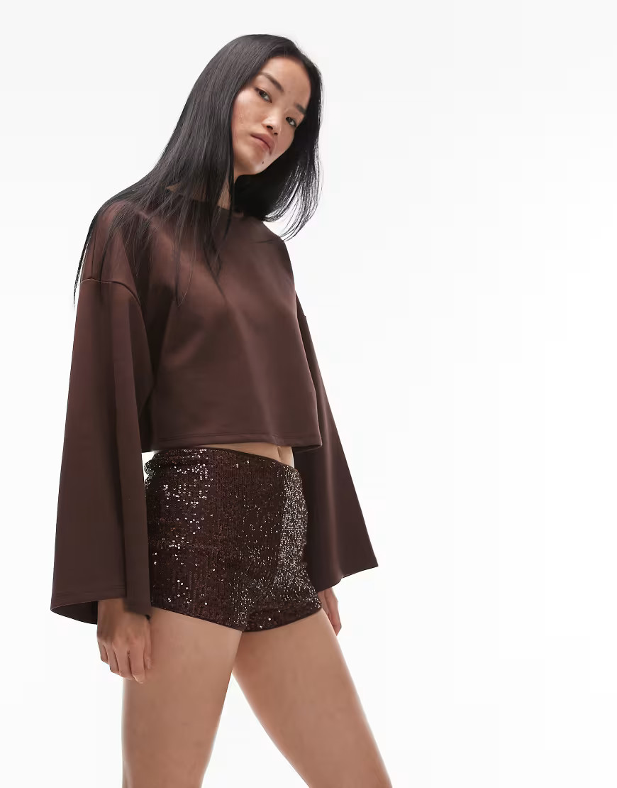 ASOS DESIGN sequin mini short in chocolate-Brown | ASOS (Global)
