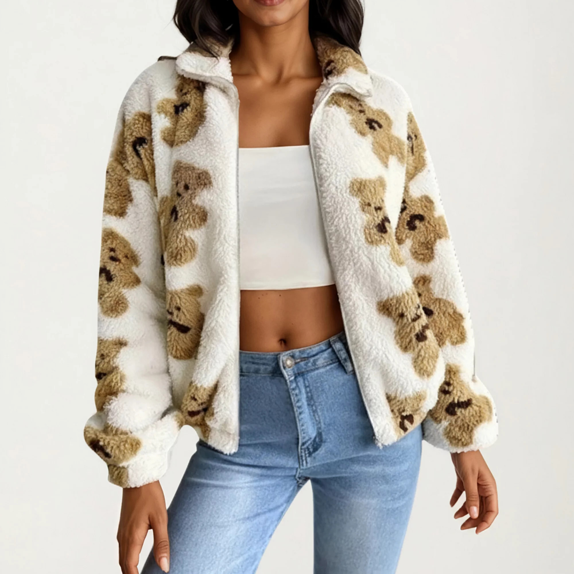 Women's Zip-Up Teddy Print High Pile Fleece Jacket with Long Sleeves and Relaxed Fit | Kohl's
