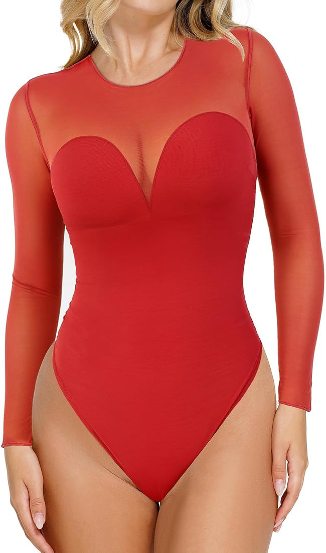 Popilush Long Sleeve Mesh Shapewear Bodysuit for Women Tummy Control Sheer Body Suits Womens Buil... | Amazon (US)