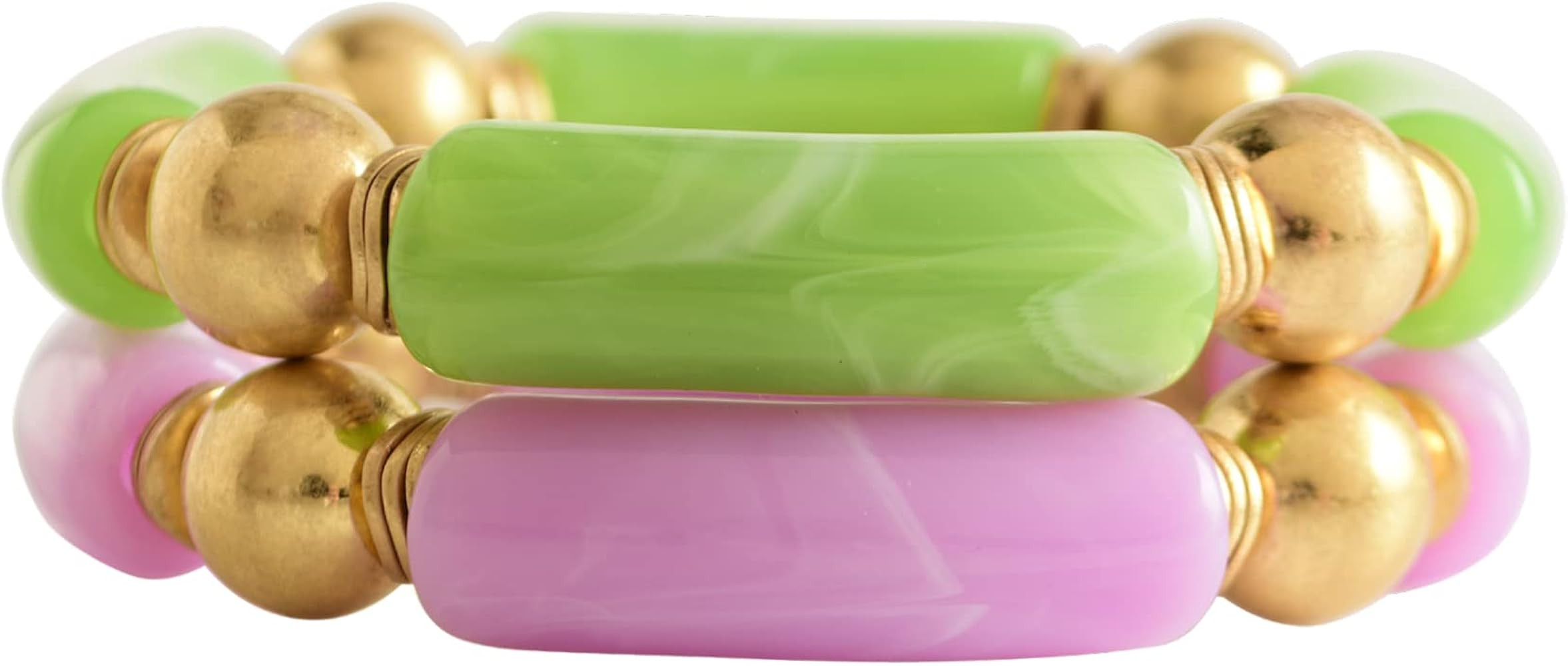 LALAPPLE Gold Plated Beaded Acrylic Bamboo Tube Bangle Bracelets for Women, Colorful Chunky Curve... | Amazon (US)