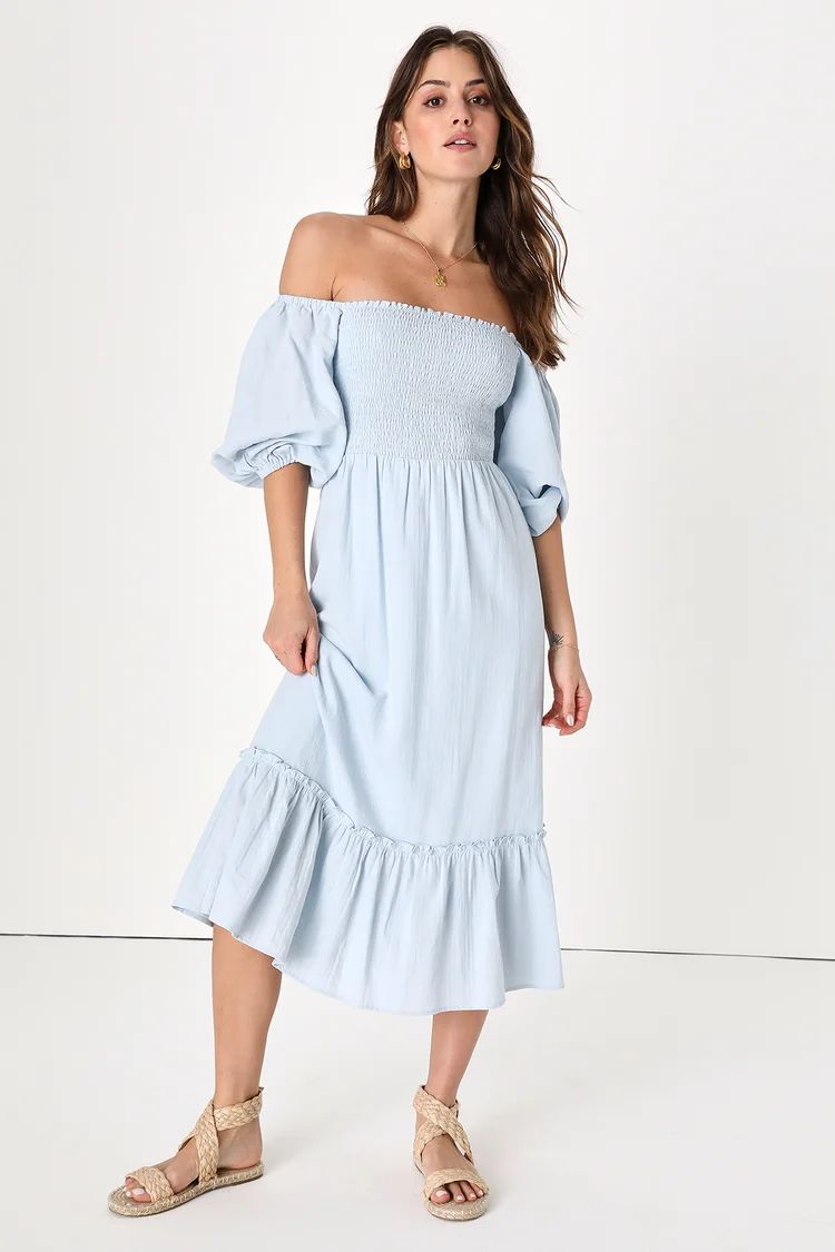Simply Lovely Light Blue Smocked Off-the-Shoulder Midi Dress | Lulus (US)