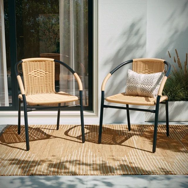 BizChair 2 Pack Beige Rattan Indoor-Outdoor Restaurant Stack Chair | Walmart (US)