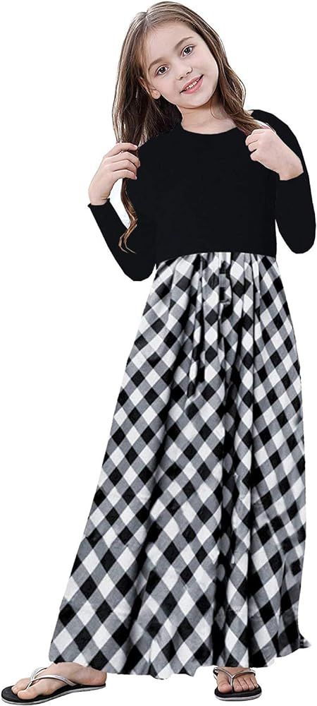 KYMIDY Girl Maxi Dress Kids Casual Buffalo Check Plaid Long Sleeve Dresses with Pockets(6-14yrs) | Amazon (US)