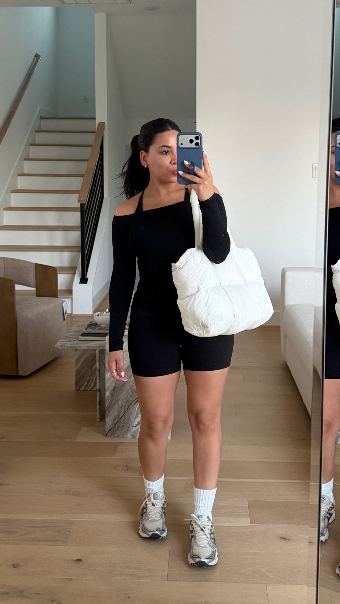 Gym outfit 
Off the shoulder top: small
Sports bra: small
Shorts: small
Sneakers: 6.5 women 
Grip socks 
Puffer tote bag

#LTKootd #LTKmorningroutine #LTKActive