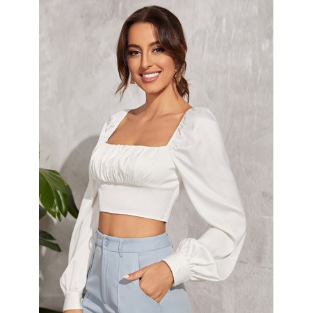 White Women s Square Neck Ruched Lantern Sleeve Crop Top 2022 Elegant L(8/10) S046E | Walmart (US)