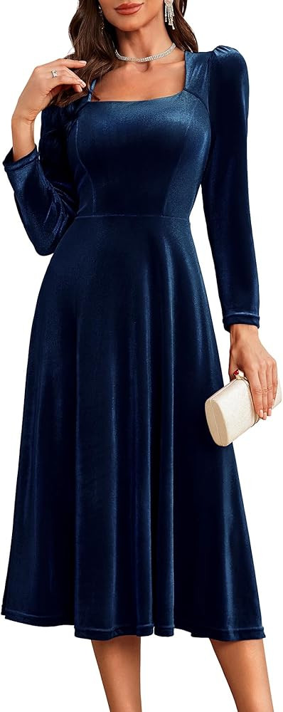 BeryLove Women Velvet Dress Cocktail Party Evening Dresses Long Sleeve Wedding Guest Formal Dress... | Amazon (US)