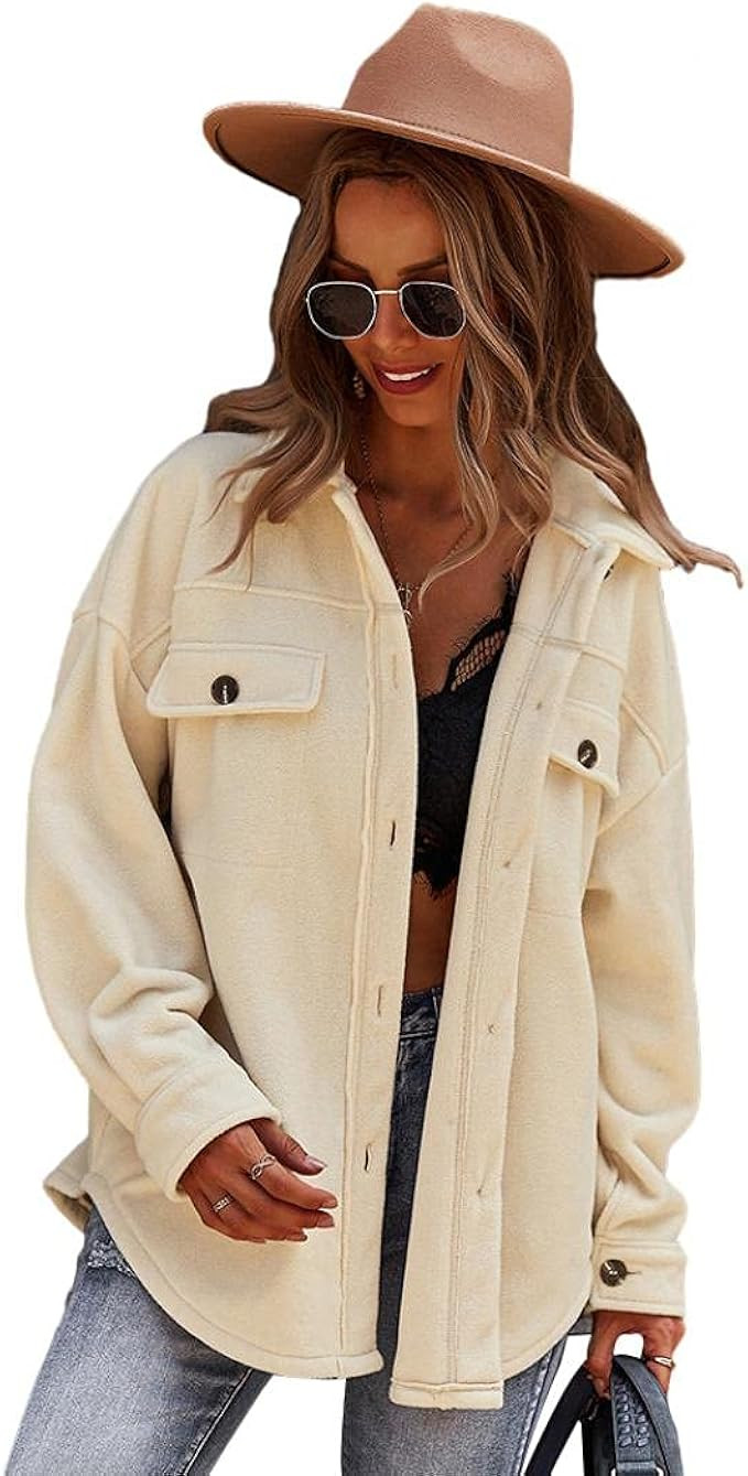 Womens Long Sleeve Fleece Jacket Button Down Pocket Fall Winter Lapel Outerwear Coat | Amazon (US)
