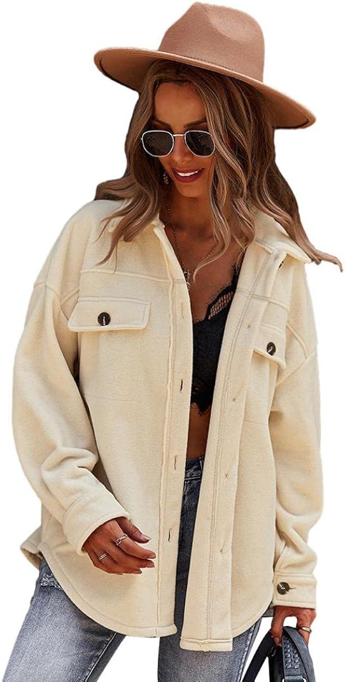 Womens Long Sleeve Fleece Jacket Button Down Pocket Fall Winter Lapel Outerwear Coat | Amazon (US)