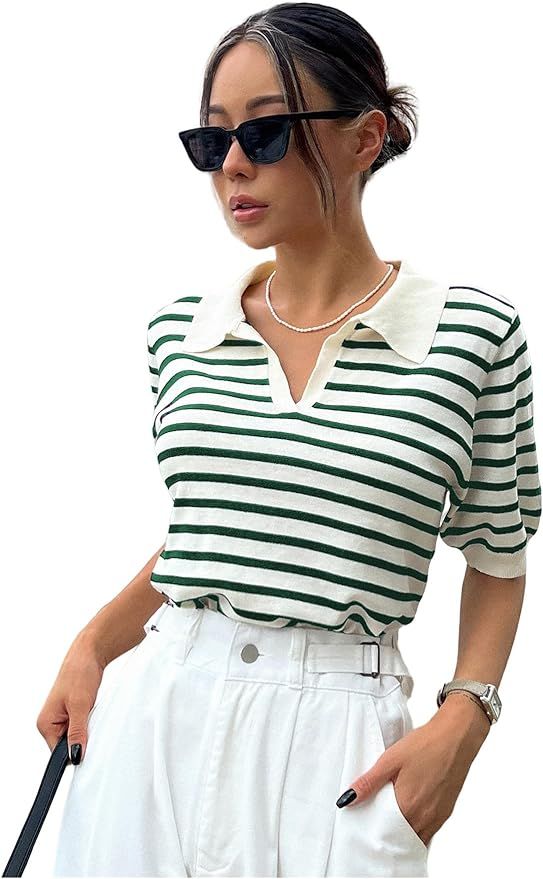 Floerns Women's Striped Print Short Sleeve Collar Neck Knitted Casual Tee Shirt | Amazon (US)
