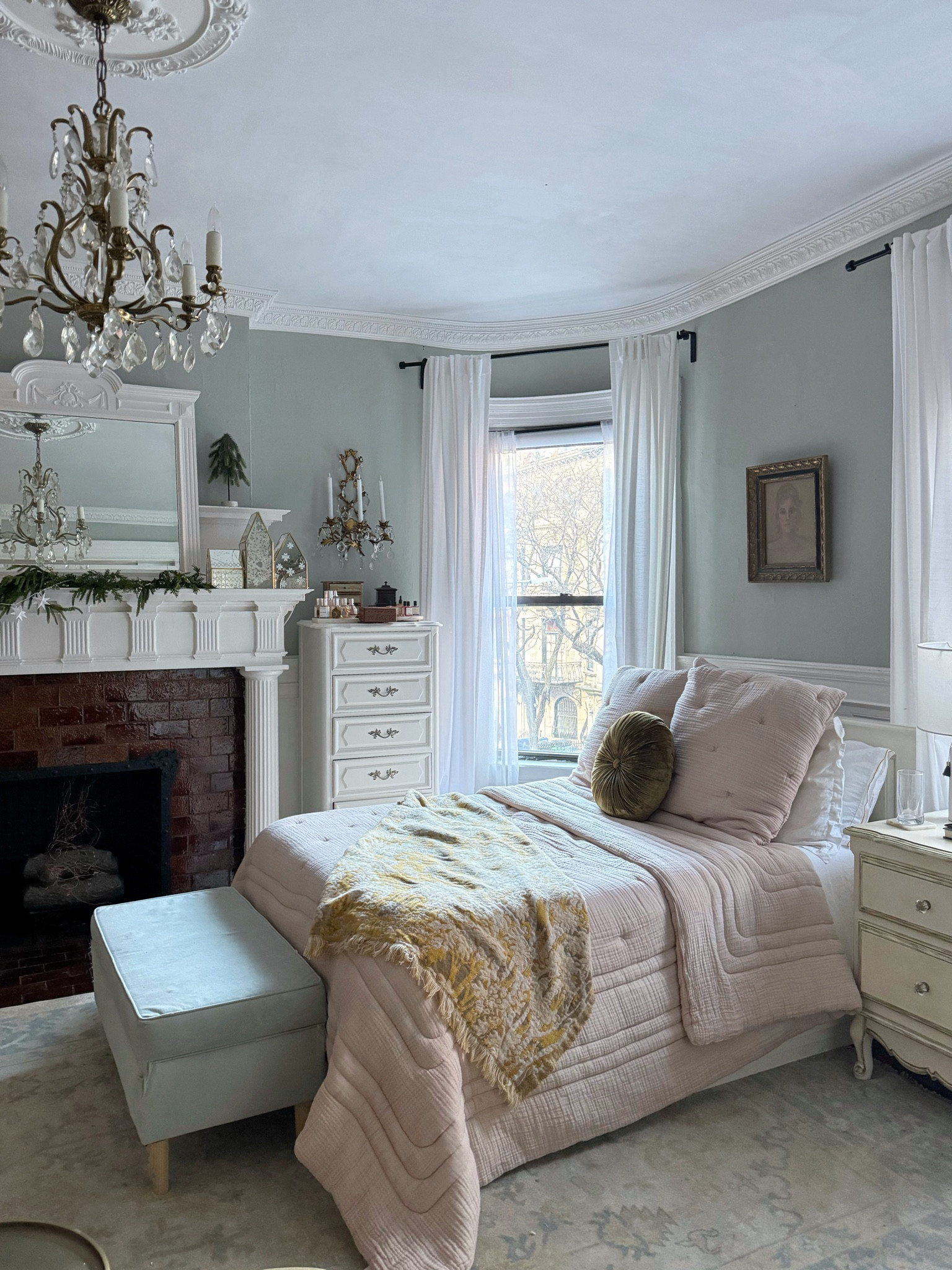 Bedroom sources- bedding, quilt, shams, throw blanket & pillow, duvet cover, bedroom drug, crystal chandelier, vintage wall sconce candelabra, ceiling medallion, linen curtains, sheer curtain panels 

#LTKsalealert #LTKhome