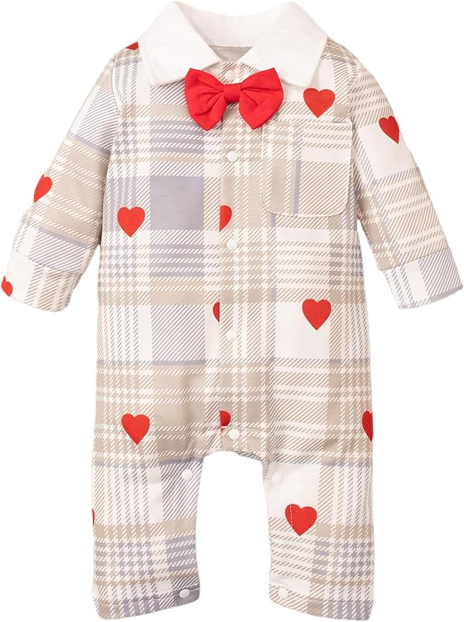 Baby Boy Valentines Day Outfit Gentleman Bowtie Tuxedo Suit One Piece Romper Heart Print Bodysuit... | Amazon (US)