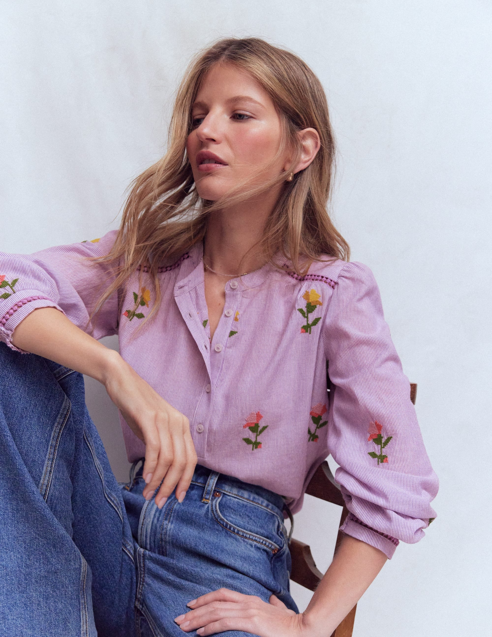 Embroidered Trim Interest Top-Purple Stripe Embroidery | Boden (US)