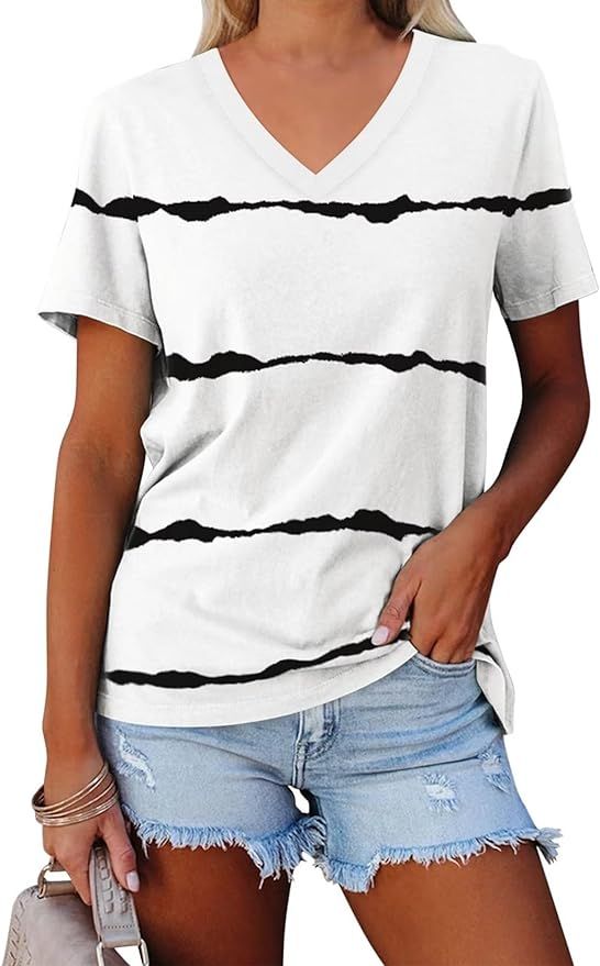 Minetom Women's Color Block/Solid Tops Short Sleeve V Neck T Shirts Summer Casual Tees | Amazon (US)