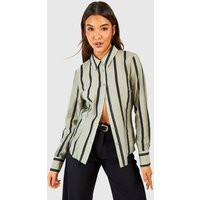 Womens Stripe Fitted Shirt - Green - 4 | boohoo (US & Canada)