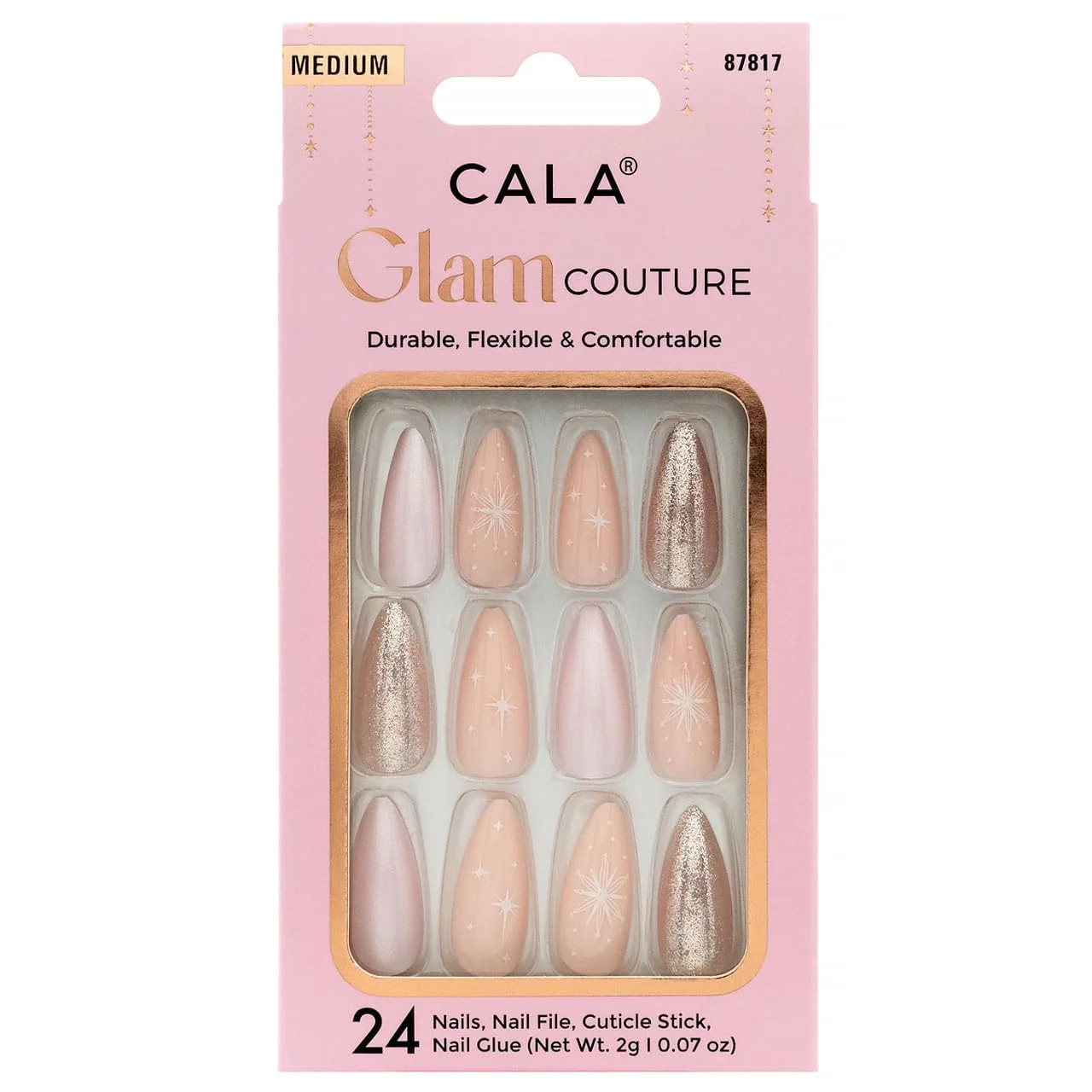 CALA Glam Couture Press On Nails, Medium Almond, Glitter Stars Design, 24-Piece Nail Kit with Glu... | Walmart (US)