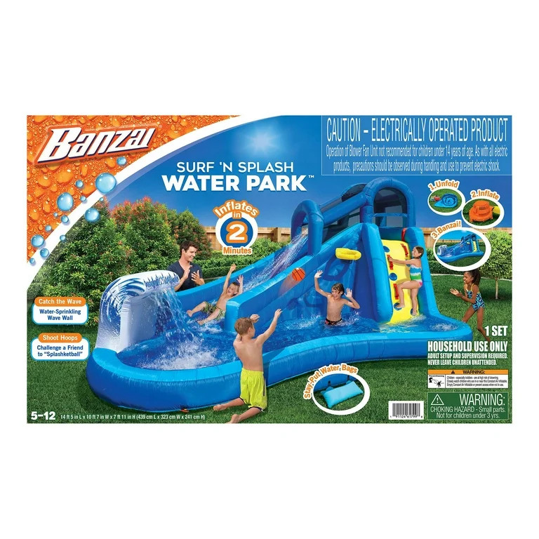 Banzai Surf N' Splash Water Park, Length: 14 ft 5 in, Width: 10 ft 7 in, Height: 7 ft 11 in, Infl... | Walmart (US)