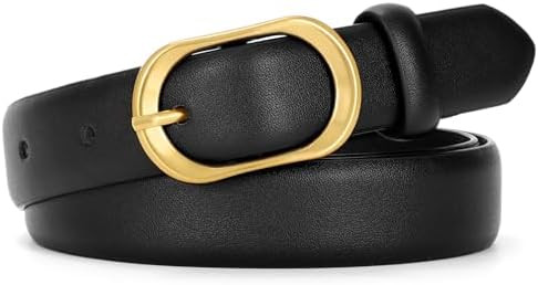Women Belt for Jeans with Gold Oval Buckle, Thin Belt for Dresses Pants, Adjustable Waist Belt fo... | Amazon (US)