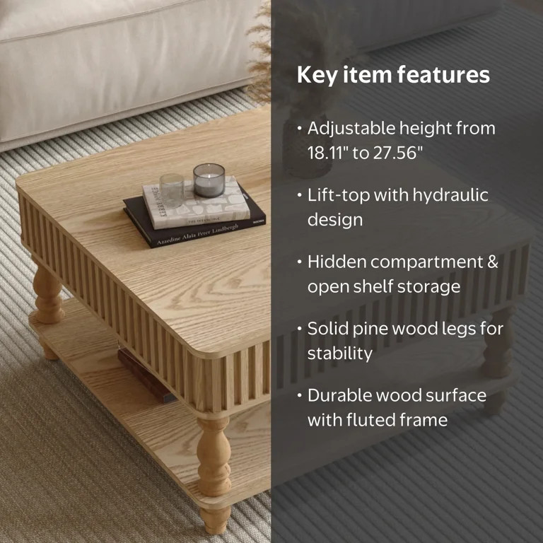 Noble House Square Fluted Lift-Top Coffee Table with Hidden & Open Storage, Hydraulic Design and ... | Walmart (US)