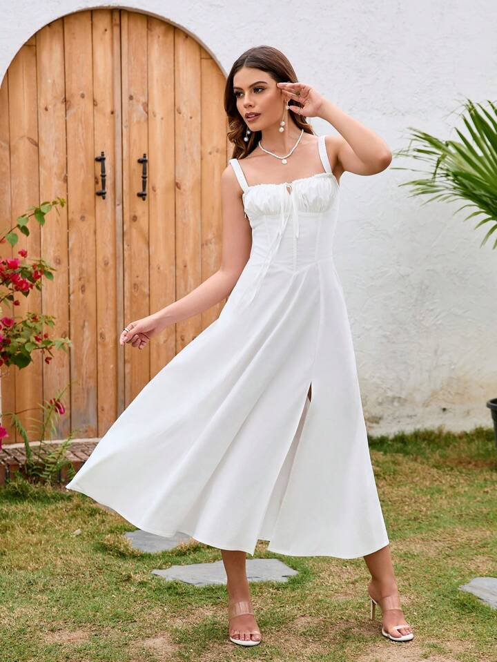 PARTHEA Tie Front Slit Thigh Boning Ruched Cami Bodycon Long Dress | SHEIN