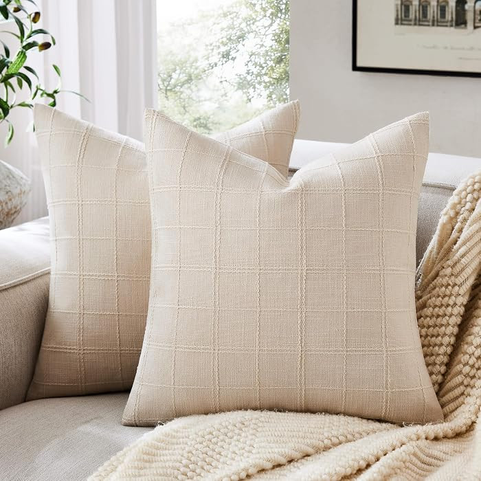 ZeeMart Linen Checked Throw Pillow Covers Set of 2, 18x18 Inch Allover Grid Beige, Farmhouse Deco... | Amazon (US)