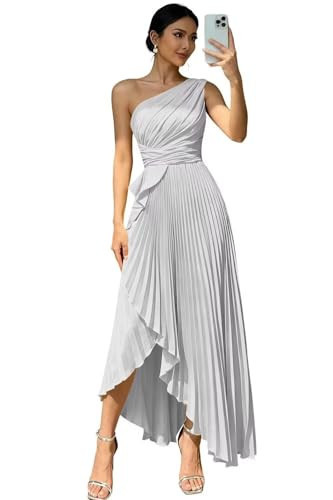 Fashionbride One Shoulder Bridesmaid Dresses Silver Satin Prom Dress Elegant Sleeveless Ruffle Pleated Maxi Wedding Party Gown Petite US2 | Amazon (US)