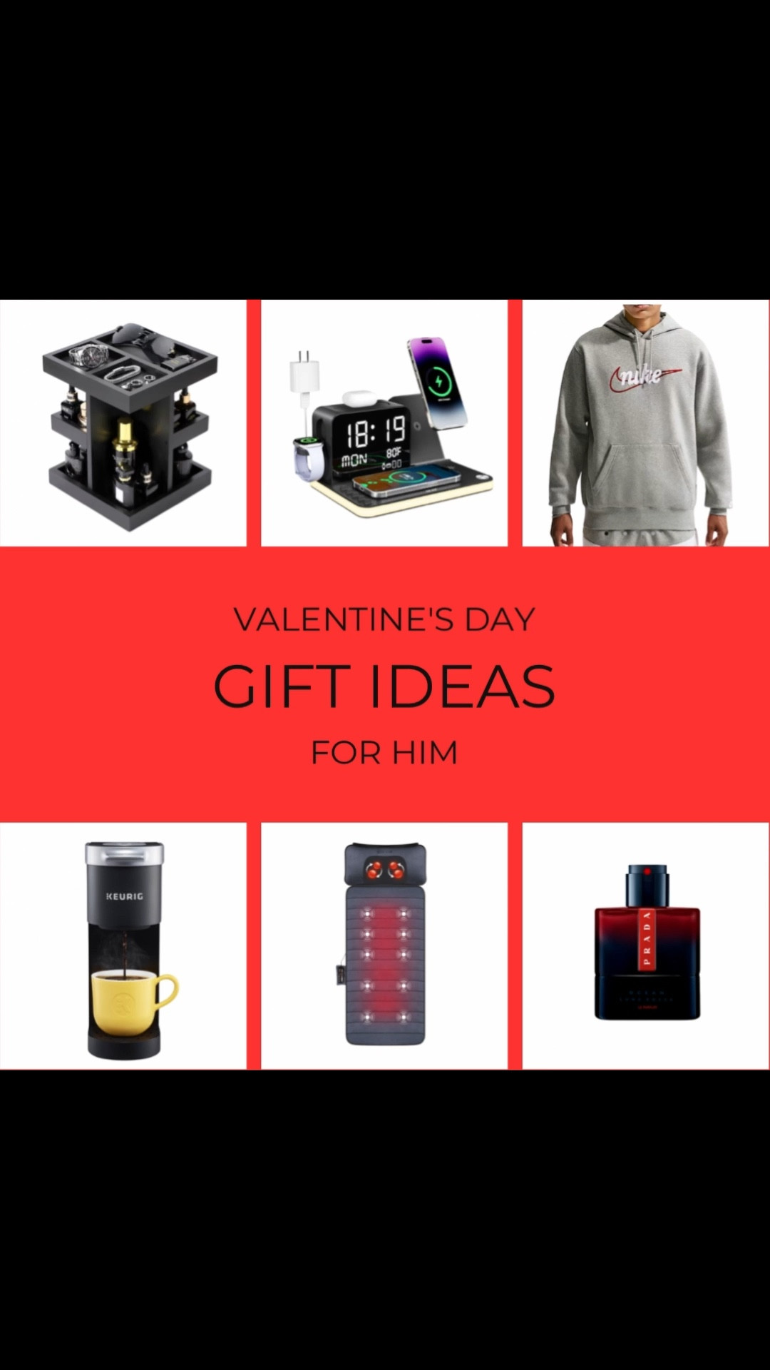 Valentine’s Day Gift Ideas for Him ❤️
A practical yet elevated men’s gift guide featuring everyday essentials he’ll actually use. Includes a wireless charging station, cologne organizer for the dresser, Nike hoodie, Keurig coffee maker, Prada cologne, and a heated back massager mat. Perfect Valentine’s Day gifts  everyday upgrades for home, office, and self-care for husbands, boyfriends, dads, and men who love comfort, tech, and quality staples — all under $100! 

#giftsforhim #ltkgiftguide #ltksalealert #ltkseasonal #ltkactive #ltkhome #mensessentials #husbandgifts #boyfriendgifts #giftsunder100 #mensstyle #valentinesdaygifts 

#LTKMens #LTKselfcare #LTKFindsUnder100