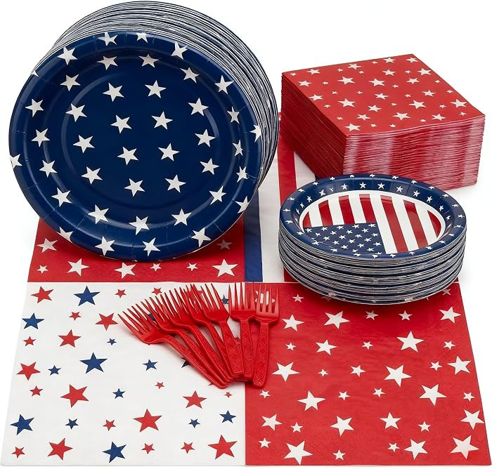 Patriotic American Flag Plates and Napkins Party Supplies Serves 24, Red White and Blue Tableware... | Amazon (US)