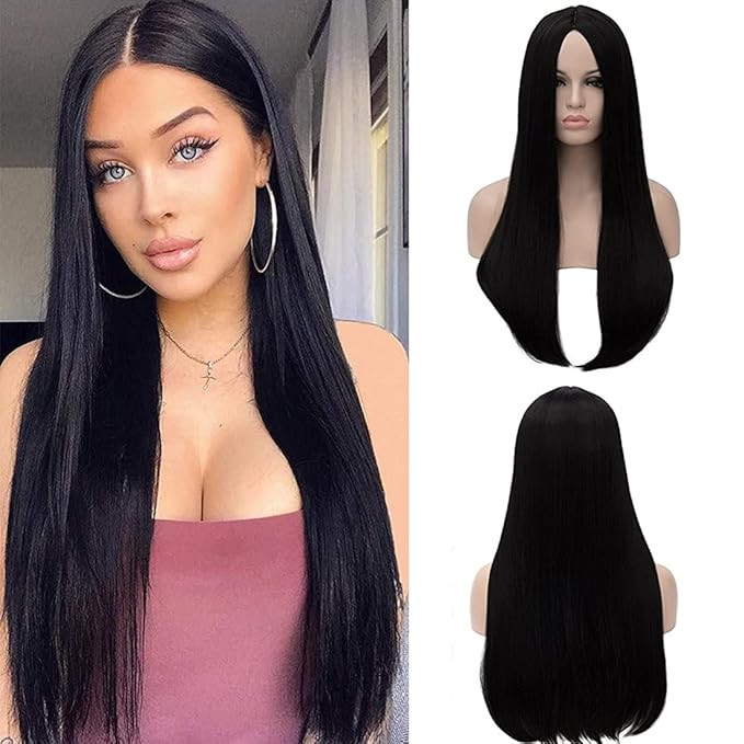 FVCENT 28" Long Straight Natural Black Women Wednesday Addams Costume Morticia Wig (Morticia) | Amazon (US)