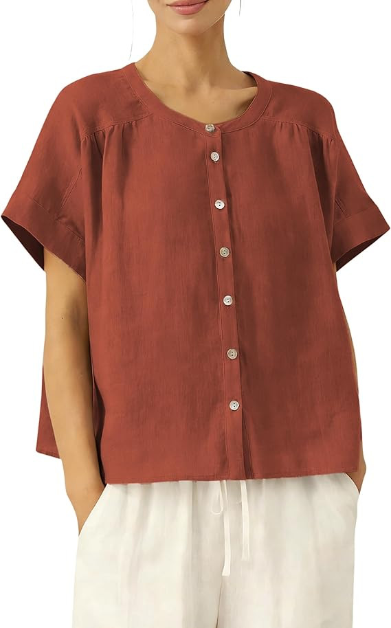 Women's Linen Button Down Shirts Pleated Crew Neck Short Sleeves Blouse Lightweight Loose Fit Cas... | Amazon (US)