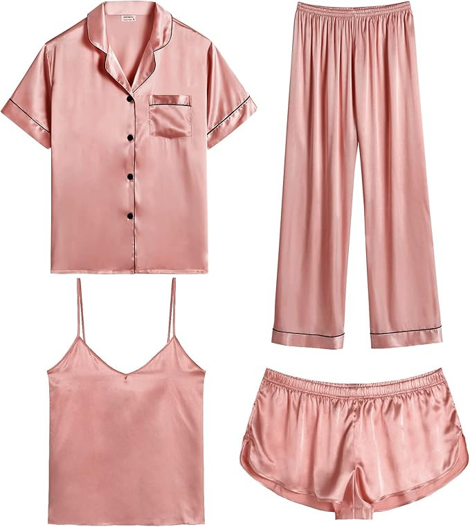 SWOMOG Womens 4pcs Pajamas Sets Silk Satin Sleepwear Sexy Cami with Button Down Short Sleeve Shir... | Amazon (US)