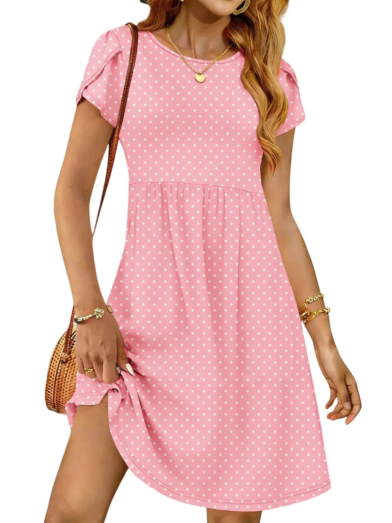 UVN Womens Summer Dresses Short Petal Sleeve Crew Neck Midi Sundress for Women A-Line Flowy Dress... | Walmart (US)