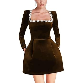 Crystal Square Neck Wedding Dresses for Brides Long Sleeve Velvet Short Bridal Gowns with Pockets | Amazon (US)