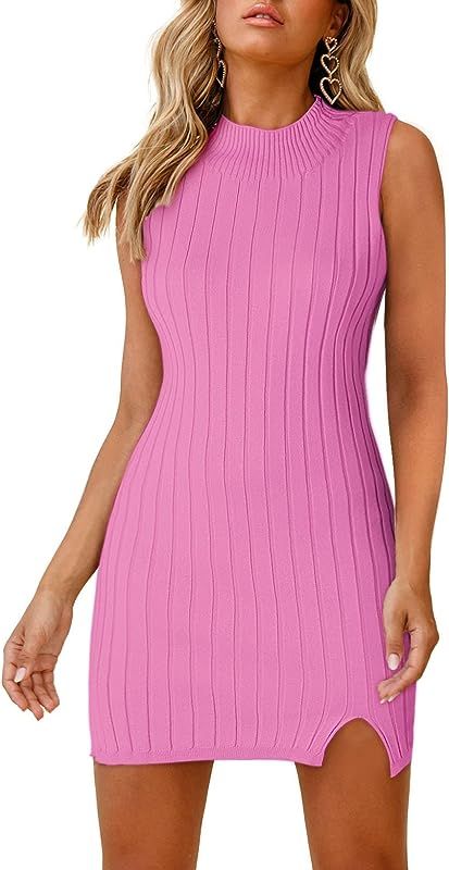 Sidefeel Womens 2023 Summer Sleeveless Mock Neck Bodycon Dresses Ribbed Side Slit Party Cocktail ... | Amazon (US)